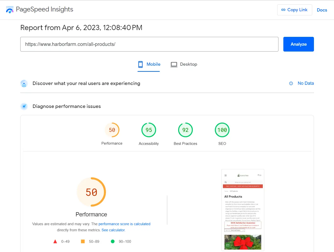 PageSpeed Insights Mobile report showing a performance score of 50.